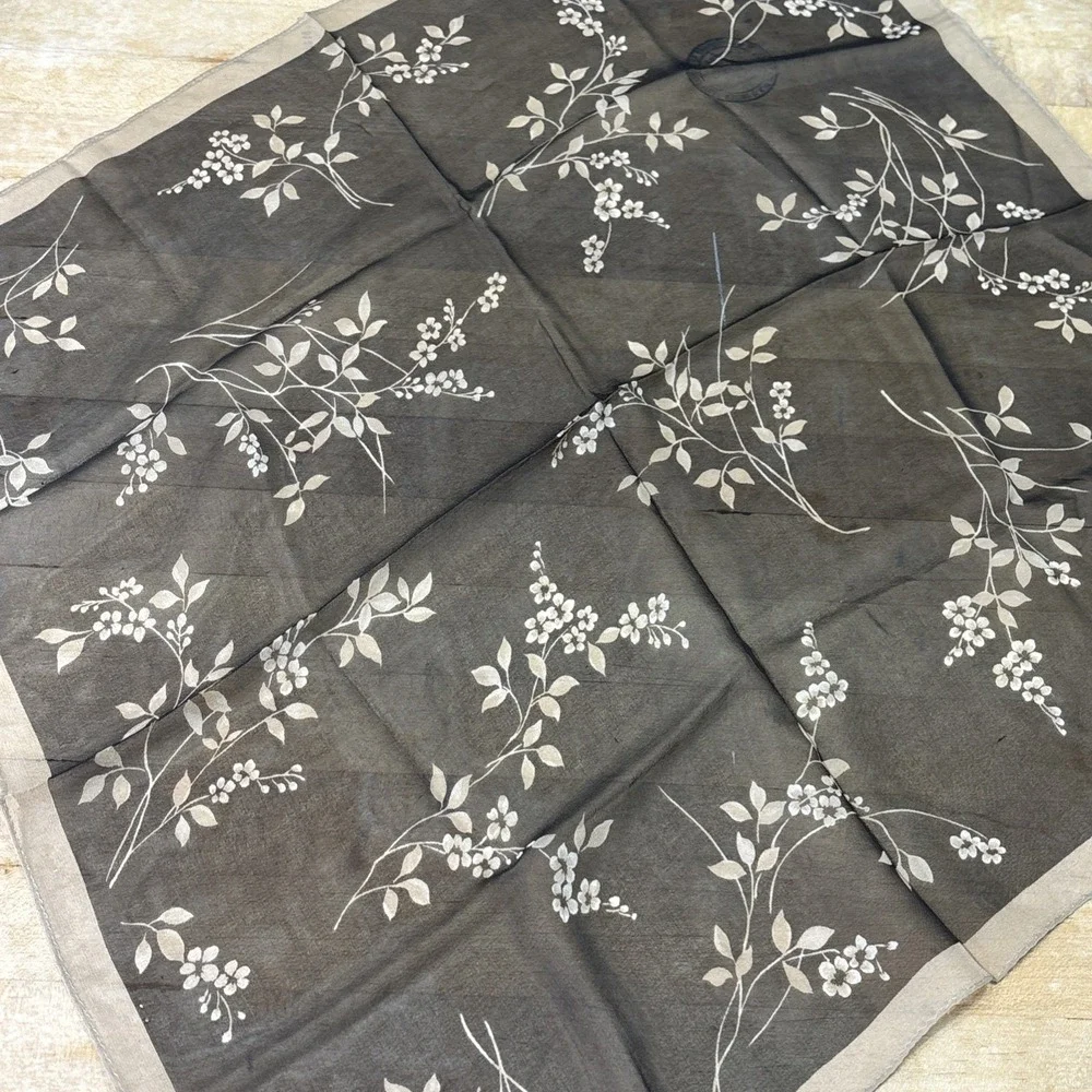 Vintage Casual Corner 100% Silk Head Scarf Floral Sheer Brown Hair Wrap